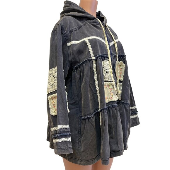 Z-1. POL Clothing Vintage Washed Embroidered Patch Flared Jacket Antique Navy - Picture 7 of 10